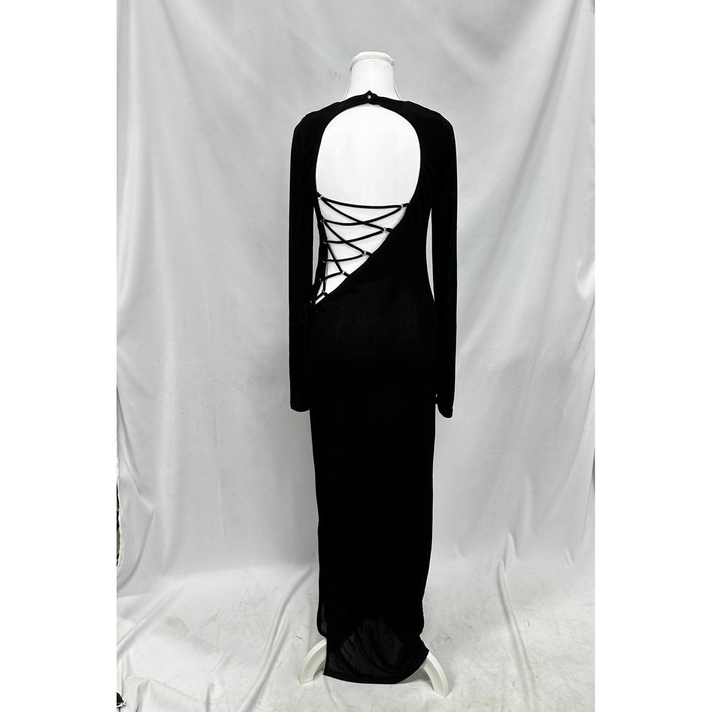 Fashion Nova Women's Sz Medium Maxi Dress Black Open Back Lace Up Whimsigoth